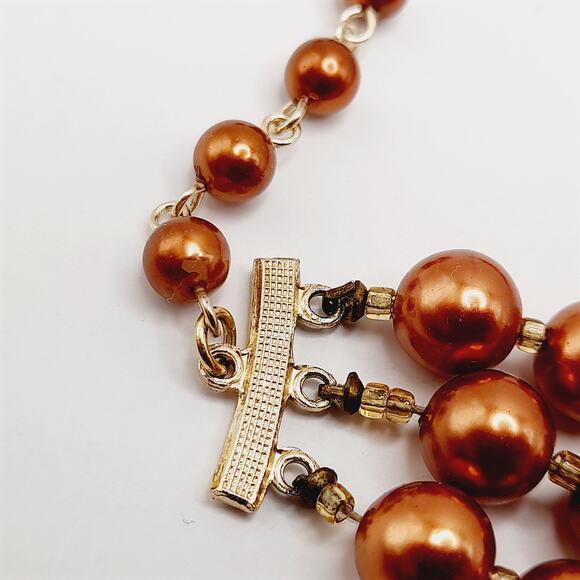 Vintage Japan 1950s Copper Pearl Necklace 3-Strand w/ Topaz Crystals, 18" - Picture 7 of 11